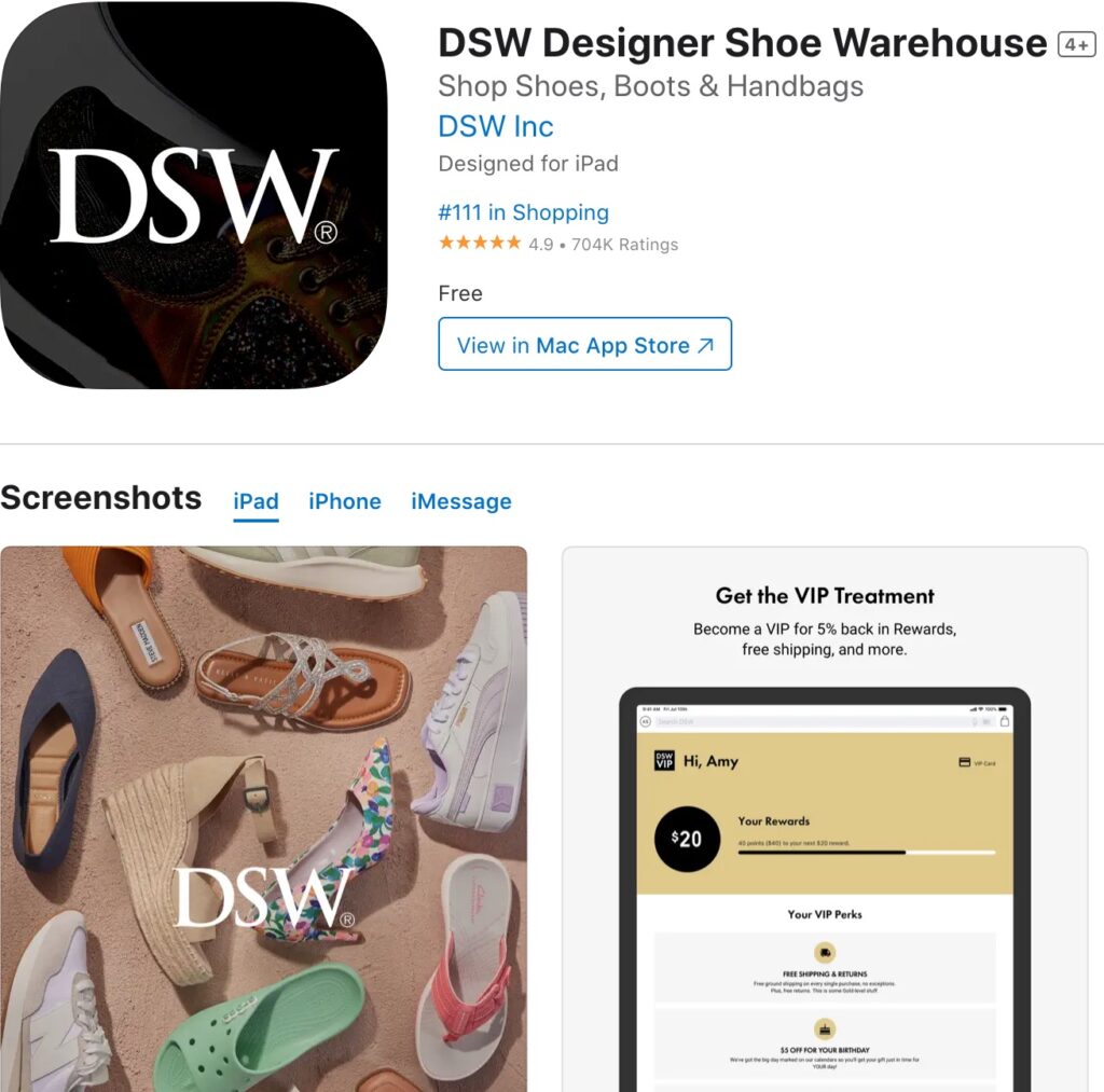 Screenshot of DSW iPhone app