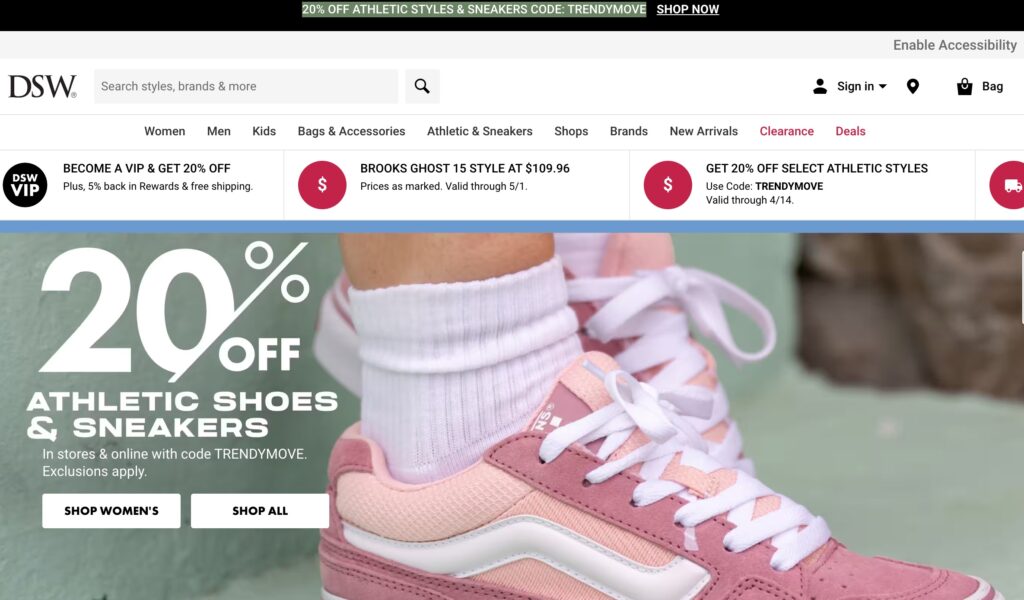 screenshot of DSW homepage