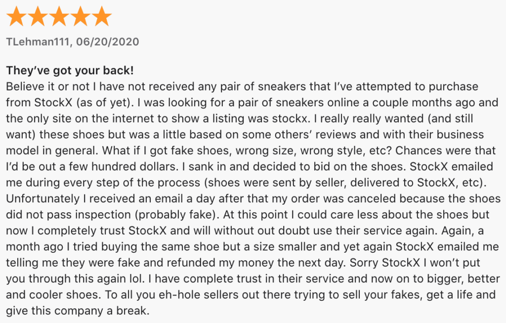 StockX- bid-item positive rating