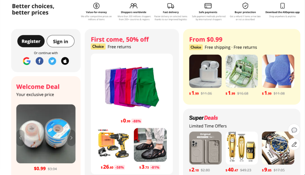 screenshot of aliexpress home page