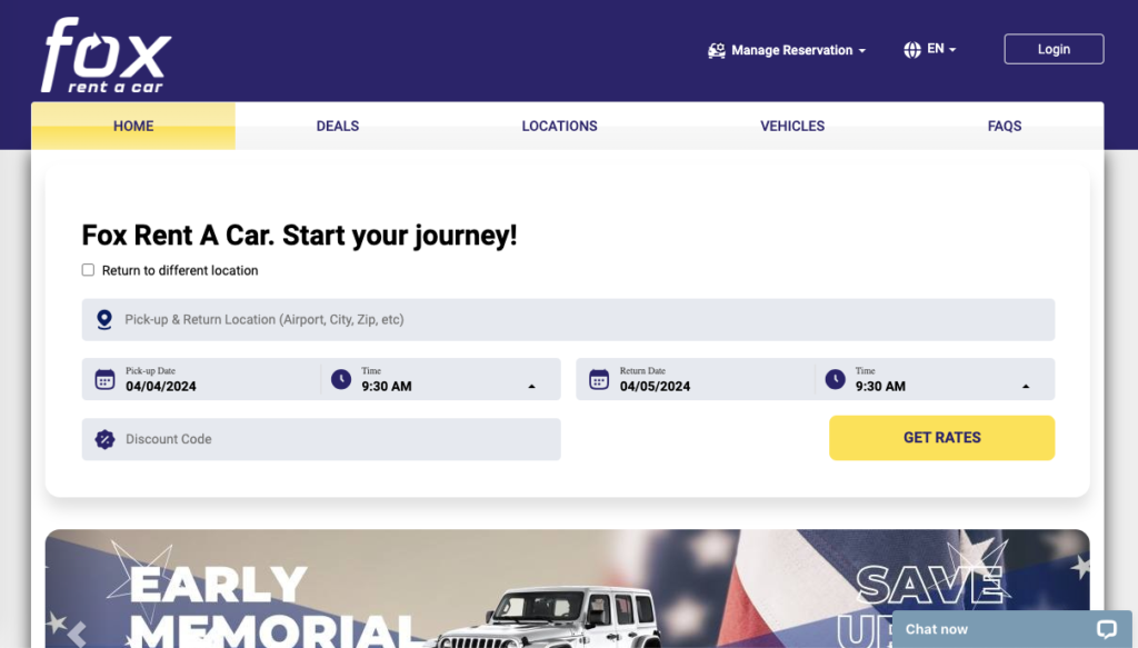 screenshot of fox rent a car homepage